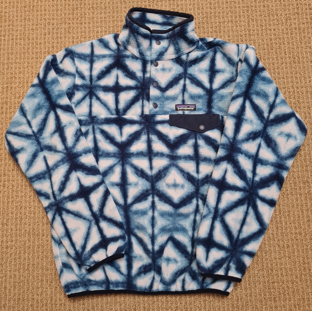 Patagonia Synchilla Snap-T Blue Diamond Shibori Tie Dye Fleece Pullover Womens S - Picture 5 of 15